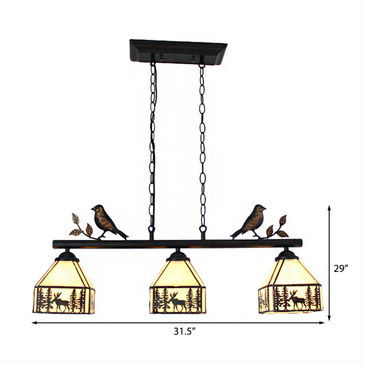 Rustic Lodge Deer Island Lighting with Bird Decoration 3 Lights Stained Glass Pendant Light Clearhalo 'Ceiling Lights' 'Chandeliers' 'Close To Ceiling Lights' 'Glass shade' 'Glass' 'Island Lights' 'Tiffany close to ceiling' 'Tiffany' Lighting' 170221