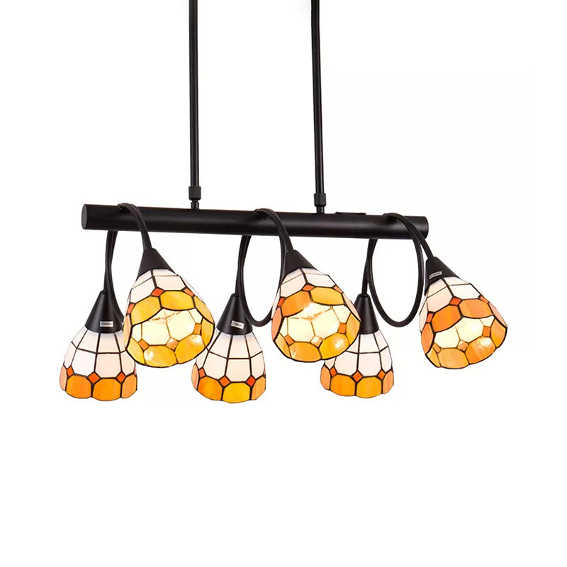6/10 Lights Kitchen Island Lighting Tiffany Stylish Blue/Orange and Yellow Hanging Lamp with Dome Stainless Glass Shade Clearhalo 'Ceiling Lights' 'Chandeliers' 'Glass shade' 'Glass' 'Island Lights' 'Pendant Lights' 'Tiffany close to ceiling' 'Tiffany' Lighting' 170262
