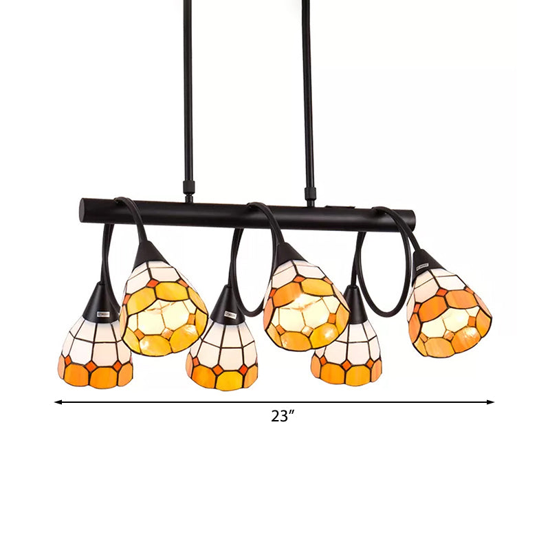 6/10 Lights Kitchen Island Lighting Tiffany Stylish Blue/Orange and Yellow Hanging Lamp with Dome Stainless Glass Shade Clearhalo 'Ceiling Lights' 'Chandeliers' 'Glass shade' 'Glass' 'Island Lights' 'Pendant Lights' 'Tiffany close to ceiling' 'Tiffany' Lighting' 170263