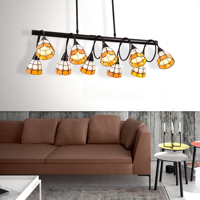 6/10 Lights Kitchen Island Lighting Tiffany Stylish Blue/Orange and Yellow Hanging Lamp with Dome Stainless Glass Shade 10 Orange-Yellow Clearhalo 'Ceiling Lights' 'Chandeliers' 'Glass shade' 'Glass' 'Island Lights' 'Pendant Lights' 'Tiffany close to ceiling' 'Tiffany' Lighting' 170265