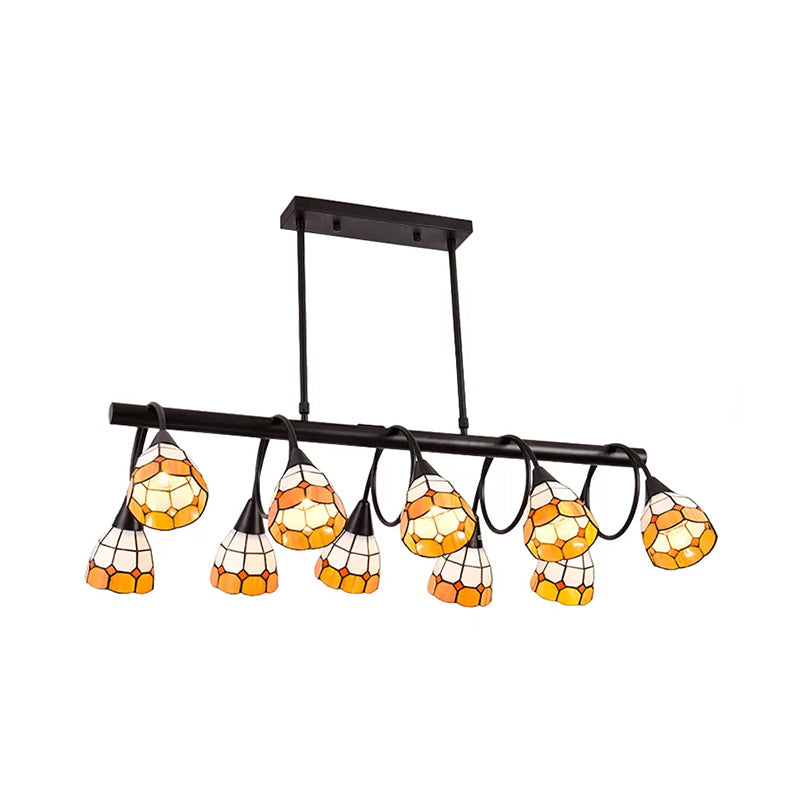 6/10 Lights Kitchen Island Lighting Tiffany Stylish Blue/Orange and Yellow Hanging Lamp with Dome Stainless Glass Shade Clearhalo 'Ceiling Lights' 'Chandeliers' 'Glass shade' 'Glass' 'Island Lights' 'Pendant Lights' 'Tiffany close to ceiling' 'Tiffany' Lighting' 170266
