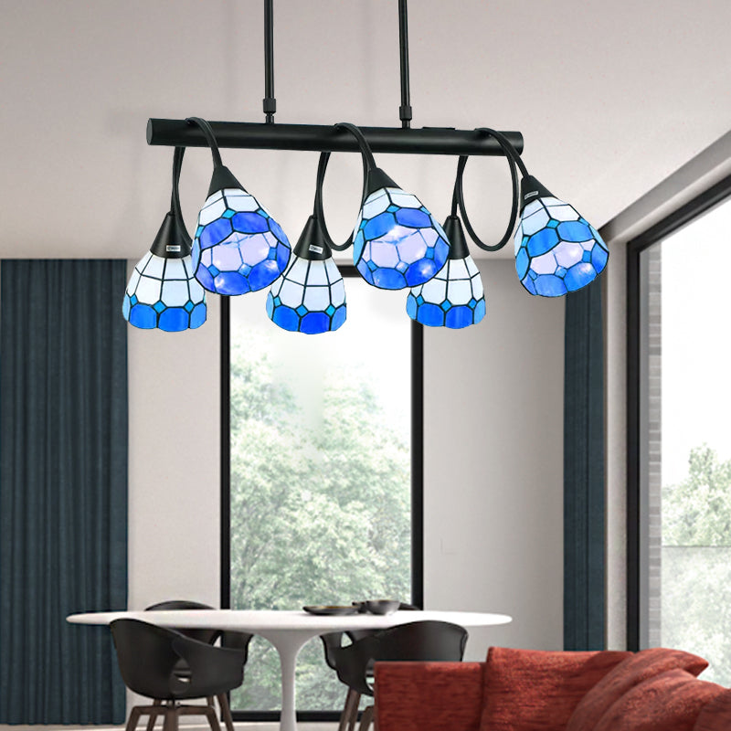 6/10 Lights Kitchen Island Lighting Tiffany Stylish Blue/Orange and Yellow Hanging Lamp with Dome Stainless Glass Shade 6 Blue Clearhalo 'Ceiling Lights' 'Chandeliers' 'Glass shade' 'Glass' 'Island Lights' 'Pendant Lights' 'Tiffany close to ceiling' 'Tiffany' Lighting' 170268