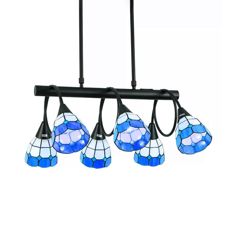 6/10 Lights Kitchen Island Lighting Tiffany Stylish Blue/Orange and Yellow Hanging Lamp with Dome Stainless Glass Shade Clearhalo 'Ceiling Lights' 'Chandeliers' 'Glass shade' 'Glass' 'Island Lights' 'Pendant Lights' 'Tiffany close to ceiling' 'Tiffany' Lighting' 170269