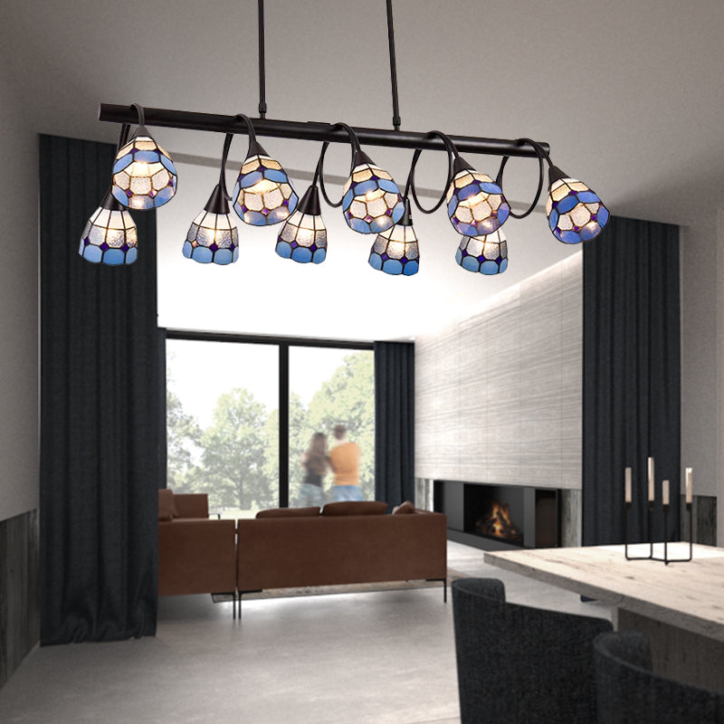 6/10 Lights Kitchen Island Lighting Tiffany Stylish Blue/Orange and Yellow Hanging Lamp with Dome Stainless Glass Shade 10 Blue Clearhalo 'Ceiling Lights' 'Chandeliers' 'Glass shade' 'Glass' 'Island Lights' 'Pendant Lights' 'Tiffany close to ceiling' 'Tiffany' Lighting' 170270
