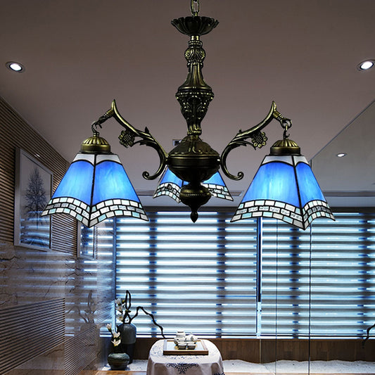 Tiffany Chandeliers for Dining Room, 3 Lights Hanging Fixture with Art Glass Shade Blue Clearhalo 'Ceiling Lights' 'Chandeliers' 'Industrial' 'Middle Century Chandeliers' 'Tiffany Chandeliers' 'Tiffany close to ceiling' 'Tiffany' Lighting' 170286