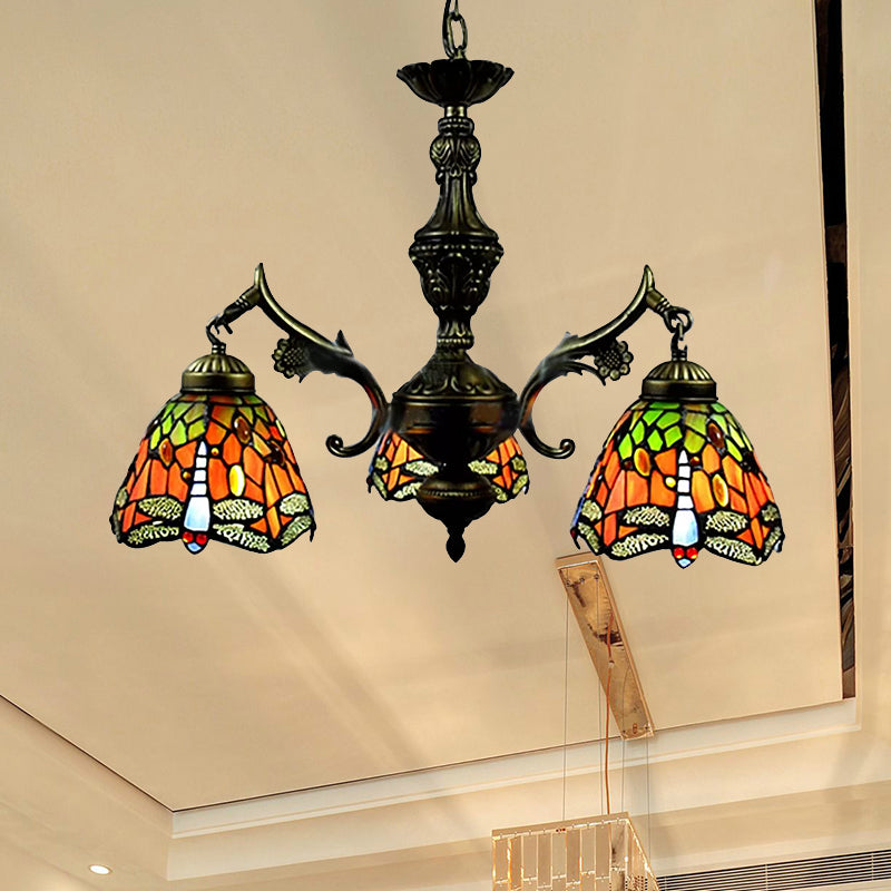 Tiffany Chandeliers for Dining Room, 3 Lights Hanging Fixture with Art Glass Shade Orange Clearhalo 'Ceiling Lights' 'Chandeliers' 'Industrial' 'Middle Century Chandeliers' 'Tiffany Chandeliers' 'Tiffany close to ceiling' 'Tiffany' Lighting' 170290