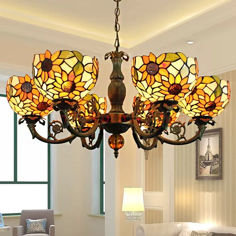Large Chandeliers for Living Room, 6-Lights Sunflower Pendant Lighting with Stained Glass Shade Tiffany Style Yellow Dome Clearhalo 'Ceiling Lights' 'Chandeliers' 'Industrial' 'Middle Century Chandeliers' 'Tiffany Chandeliers' 'Tiffany close to ceiling' 'Tiffany' Lighting' 170293