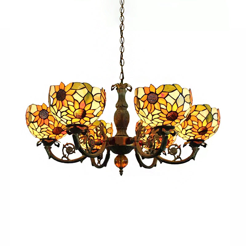 Large Chandeliers for Living Room, 6-Lights Sunflower Pendant Lighting with Stained Glass Shade Tiffany Style Clearhalo 'Ceiling Lights' 'Chandeliers' 'Industrial' 'Middle Century Chandeliers' 'Tiffany Chandeliers' 'Tiffany close to ceiling' 'Tiffany' Lighting' 170295