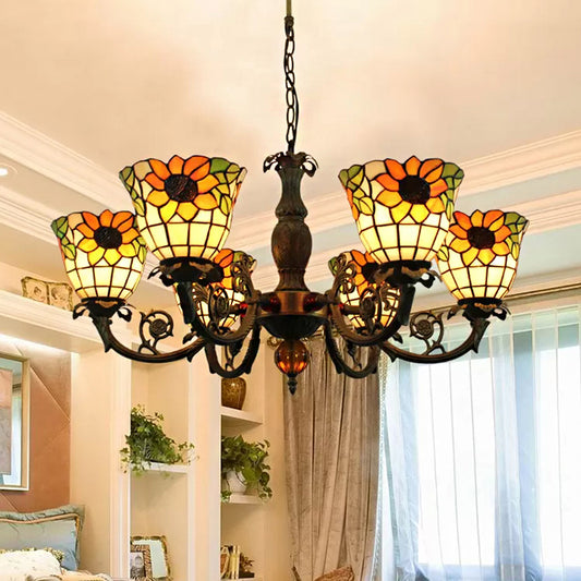 Large Chandeliers for Living Room, 6-Lights Sunflower Pendant Lighting with Stained Glass Shade Tiffany Style Yellow Bell Clearhalo 'Ceiling Lights' 'Chandeliers' 'Industrial' 'Middle Century Chandeliers' 'Tiffany Chandeliers' 'Tiffany close to ceiling' 'Tiffany' Lighting' 170297