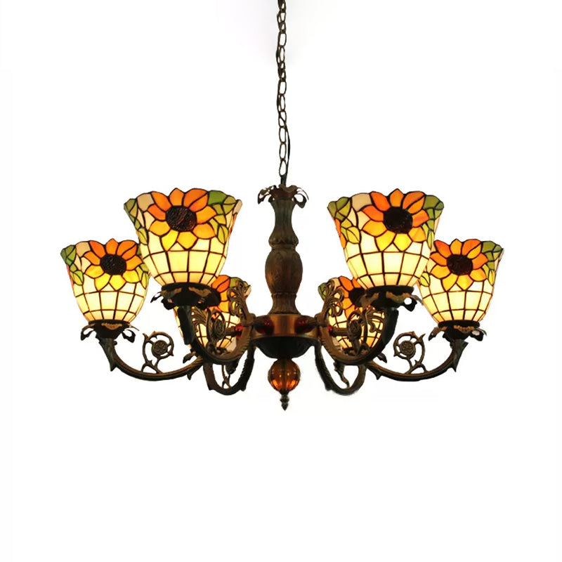 Large Chandeliers for Living Room, 6-Lights Sunflower Pendant Lighting with Stained Glass Shade Tiffany Style Clearhalo 'Ceiling Lights' 'Chandeliers' 'Industrial' 'Middle Century Chandeliers' 'Tiffany Chandeliers' 'Tiffany close to ceiling' 'Tiffany' Lighting' 170298