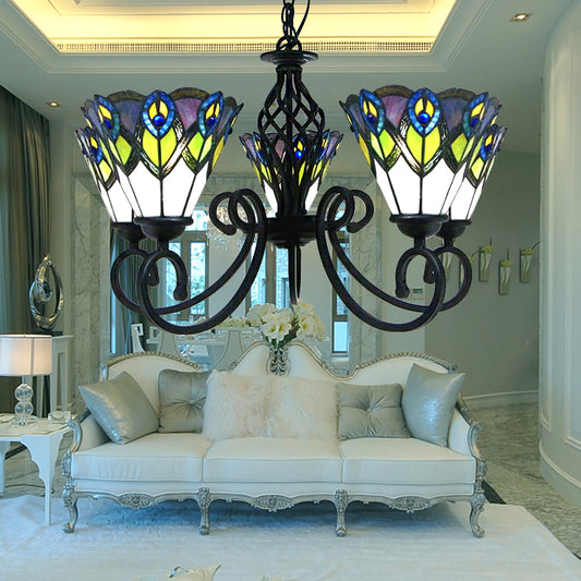 Stained Glass Tiffany Chandelier, 5 Lights Peacock Pendant Light Fixture for Dining Table with Adjustable Chain Clearhalo 'Ceiling Lights' 'Chandeliers' 'Close To Ceiling Lights' 'Industrial' 'Middle Century Chandeliers' 'Tiffany Chandeliers' 'Tiffany close to ceiling' 'Tiffany' Lighting' 170300