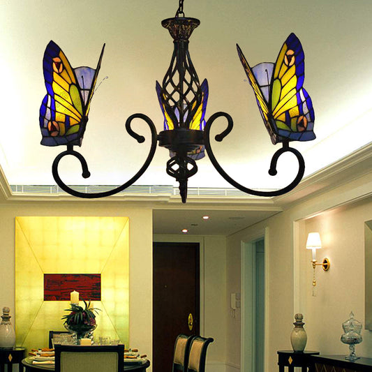 Chandelier Living Room Lamp, 3-Light Butterfly Hanging Fixture with Stained Glass Shade Tiffany Style Blue Clearhalo 'Ceiling Lights' 'Chandeliers' 'Industrial' 'Middle Century Chandeliers' 'Tiffany Chandeliers' 'Tiffany close to ceiling' 'Tiffany' Lighting' 170320