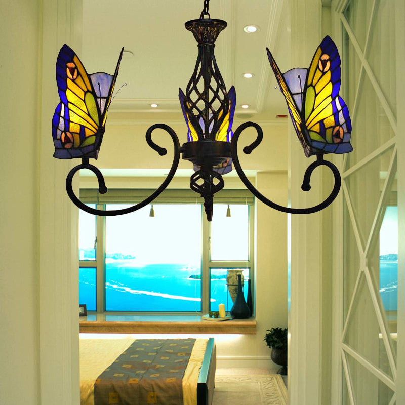 Chandelier Living Room Lamp, 3-Light Butterfly Hanging Fixture with Stained Glass Shade Tiffany Style Clearhalo 'Ceiling Lights' 'Chandeliers' 'Industrial' 'Middle Century Chandeliers' 'Tiffany Chandeliers' 'Tiffany close to ceiling' 'Tiffany' Lighting' 170321