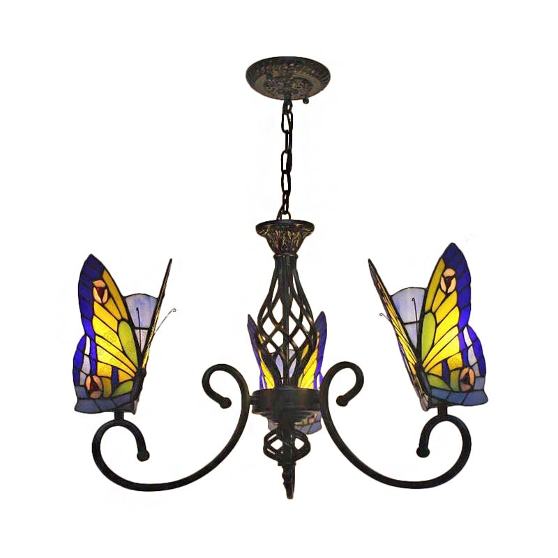 Chandelier Living Room Lamp, 3-Light Butterfly Hanging Fixture with Stained Glass Shade Tiffany Style Clearhalo 'Ceiling Lights' 'Chandeliers' 'Industrial' 'Middle Century Chandeliers' 'Tiffany Chandeliers' 'Tiffany close to ceiling' 'Tiffany' Lighting' 170322