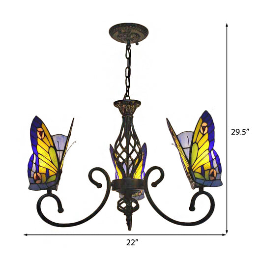 Chandelier Living Room Lamp, 3-Light Butterfly Hanging Fixture with Stained Glass Shade Tiffany Style Clearhalo 'Ceiling Lights' 'Chandeliers' 'Industrial' 'Middle Century Chandeliers' 'Tiffany Chandeliers' 'Tiffany close to ceiling' 'Tiffany' Lighting' 170323