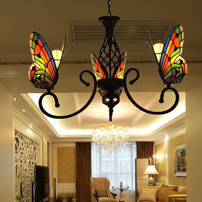 Chandelier Living Room Lamp, 3-Light Butterfly Hanging Fixture with Stained Glass Shade Tiffany Style Orange Clearhalo 'Ceiling Lights' 'Chandeliers' 'Industrial' 'Middle Century Chandeliers' 'Tiffany Chandeliers' 'Tiffany close to ceiling' 'Tiffany' Lighting' 170324