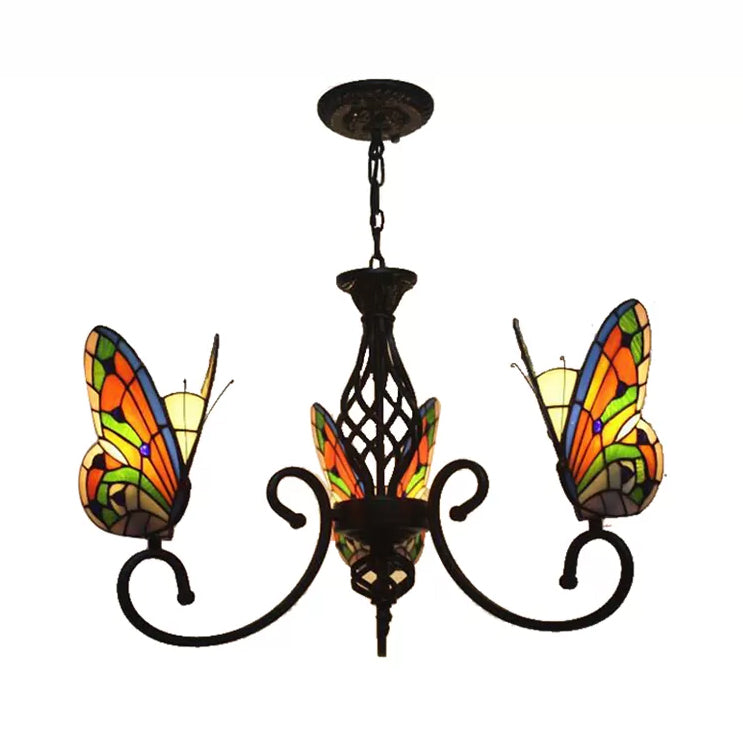 Chandelier Living Room Lamp, 3-Light Butterfly Hanging Fixture with Stained Glass Shade Tiffany Style Clearhalo 'Ceiling Lights' 'Chandeliers' 'Industrial' 'Middle Century Chandeliers' 'Tiffany Chandeliers' 'Tiffany close to ceiling' 'Tiffany' Lighting' 170325