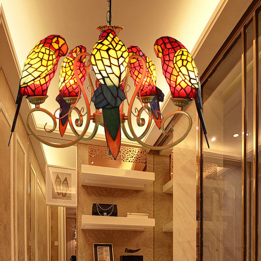 Chandeliers for Living Room, 5-Light Parrots Ceiling Light Fixture with Mosaic Shade Tiffany Style Red Clearhalo 'Ceiling Lights' 'Chandeliers' 'Industrial' 'Middle Century Chandeliers' 'Tiffany Chandeliers' 'Tiffany close to ceiling' 'Tiffany' Lighting' 170326