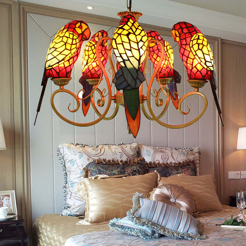 Chandeliers for Living Room, 5-Light Parrots Ceiling Light Fixture with Mosaic Shade Tiffany Style Clearhalo 'Ceiling Lights' 'Chandeliers' 'Industrial' 'Middle Century Chandeliers' 'Tiffany Chandeliers' 'Tiffany close to ceiling' 'Tiffany' Lighting' 170327