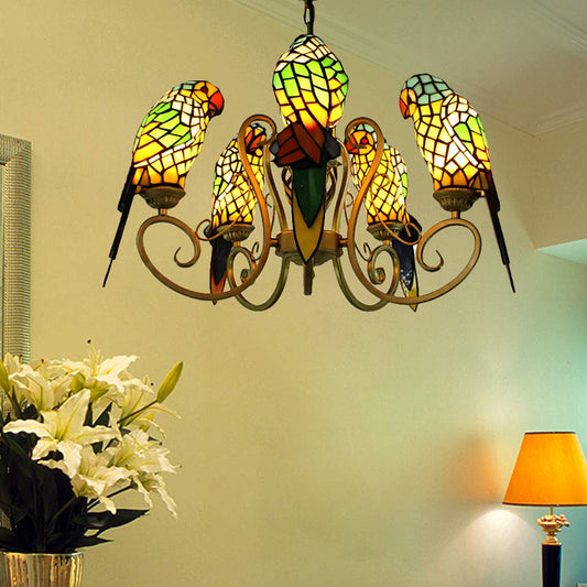 Chandeliers for Living Room, 5-Light Parrots Ceiling Light Fixture with Mosaic Shade Tiffany Style Yellow Clearhalo 'Ceiling Lights' 'Chandeliers' 'Industrial' 'Middle Century Chandeliers' 'Tiffany Chandeliers' 'Tiffany close to ceiling' 'Tiffany' Lighting' 170330