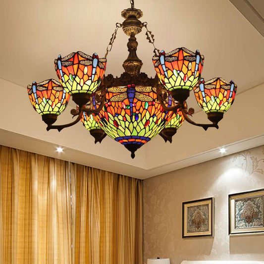 Chandeliers for Living Room, Dragonfly Hanging Pendant Lamp with Stained Glass Shade and Jewel Decoration Tiffany Style 7 Orange Clearhalo 'Ceiling Lights' 'Chandeliers' 'Industrial' 'Middle Century Chandeliers' 'Tiffany Chandeliers' 'Tiffany close to ceiling' 'Tiffany' Lighting' 170332