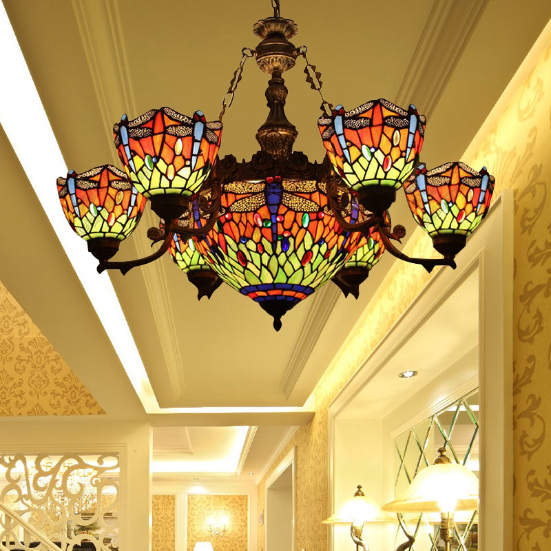 Chandeliers for Living Room, Dragonfly Hanging Pendant Lamp with Stained Glass Shade and Jewel Decoration Tiffany Style Clearhalo 'Ceiling Lights' 'Chandeliers' 'Industrial' 'Middle Century Chandeliers' 'Tiffany Chandeliers' 'Tiffany close to ceiling' 'Tiffany' Lighting' 170333