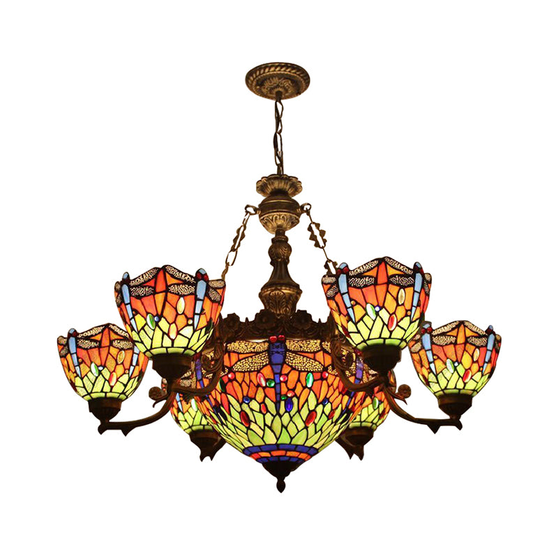 Chandeliers for Living Room, Dragonfly Hanging Pendant Lamp with Stained Glass Shade and Jewel Decoration Tiffany Style Clearhalo 'Ceiling Lights' 'Chandeliers' 'Industrial' 'Middle Century Chandeliers' 'Tiffany Chandeliers' 'Tiffany close to ceiling' 'Tiffany' Lighting' 170334