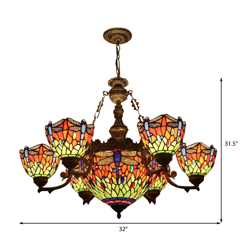 Chandeliers for Living Room, Dragonfly Hanging Pendant Lamp with Stained Glass Shade and Jewel Decoration Tiffany Style Clearhalo 'Ceiling Lights' 'Chandeliers' 'Industrial' 'Middle Century Chandeliers' 'Tiffany Chandeliers' 'Tiffany close to ceiling' 'Tiffany' Lighting' 170335