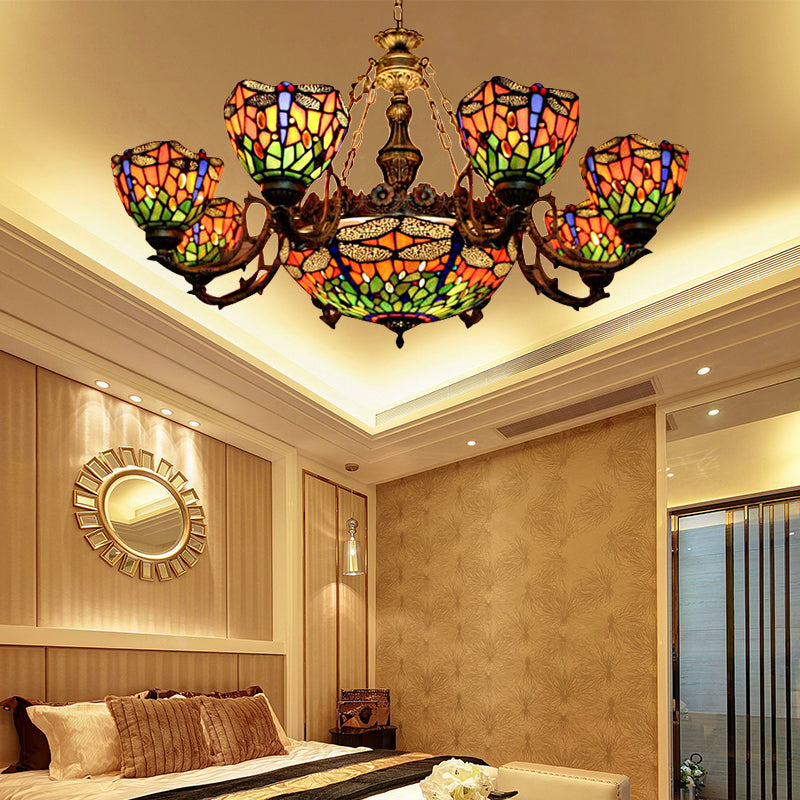 Chandeliers for Living Room, Dragonfly Hanging Pendant Lamp with Stained Glass Shade and Jewel Decoration Tiffany Style 9 Orange Clearhalo 'Ceiling Lights' 'Chandeliers' 'Industrial' 'Middle Century Chandeliers' 'Tiffany Chandeliers' 'Tiffany close to ceiling' 'Tiffany' Lighting' 170336