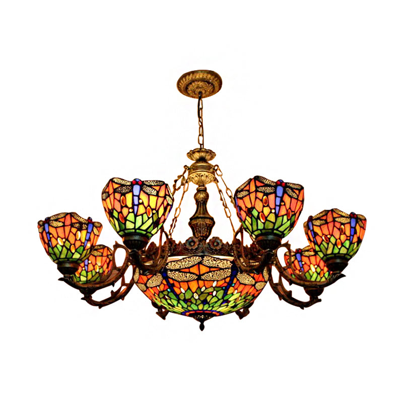 Chandeliers for Living Room, Dragonfly Hanging Pendant Lamp with Stained Glass Shade and Jewel Decoration Tiffany Style Clearhalo 'Ceiling Lights' 'Chandeliers' 'Industrial' 'Middle Century Chandeliers' 'Tiffany Chandeliers' 'Tiffany close to ceiling' 'Tiffany' Lighting' 170337