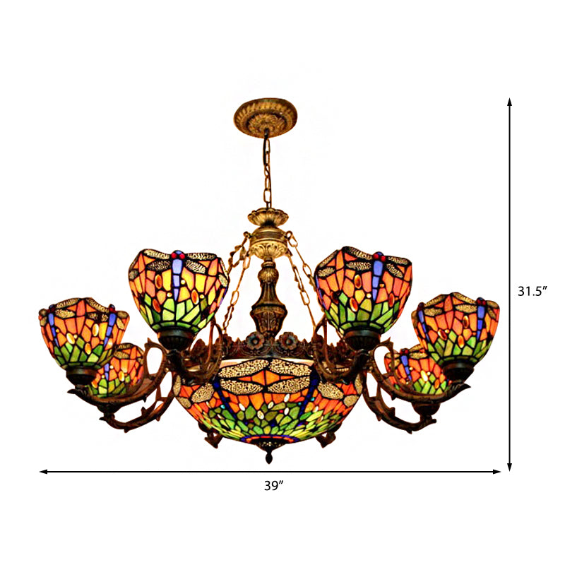 Chandeliers for Living Room, Dragonfly Hanging Pendant Lamp with Stained Glass Shade and Jewel Decoration Tiffany Style Clearhalo 'Ceiling Lights' 'Chandeliers' 'Industrial' 'Middle Century Chandeliers' 'Tiffany Chandeliers' 'Tiffany close to ceiling' 'Tiffany' Lighting' 170338