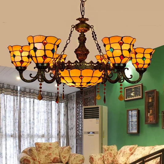 Chandelier over Dining Table, Jewel Hanging Fixture in Aged Brass with Dome and Bell Shade Tiffany Style 7 Orange Clearhalo 'Ceiling Lights' 'Chandeliers' 'Industrial' 'Middle Century Chandeliers' 'Tiffany Chandeliers' 'Tiffany close to ceiling' 'Tiffany' Lighting' 170339