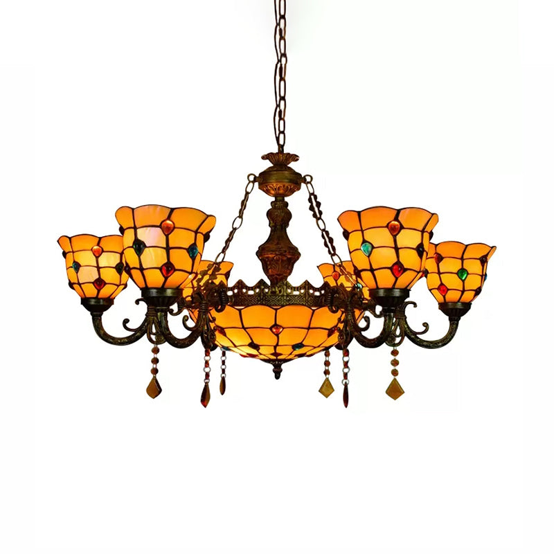 Chandelier over Dining Table, Jewel Hanging Fixture in Aged Brass with Dome and Bell Shade Tiffany Style Clearhalo 'Ceiling Lights' 'Chandeliers' 'Industrial' 'Middle Century Chandeliers' 'Tiffany Chandeliers' 'Tiffany close to ceiling' 'Tiffany' Lighting' 170341