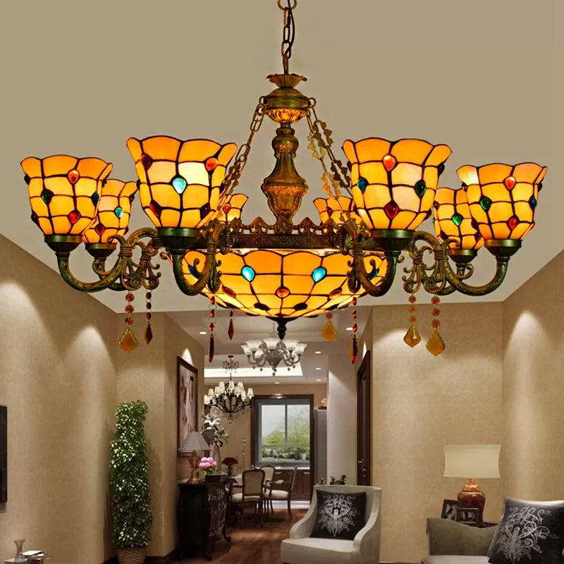 Chandelier over Dining Table, Jewel Hanging Fixture in Aged Brass with Dome and Bell Shade Tiffany Style 9 Orange Clearhalo 'Ceiling Lights' 'Chandeliers' 'Industrial' 'Middle Century Chandeliers' 'Tiffany Chandeliers' 'Tiffany close to ceiling' 'Tiffany' Lighting' 170343