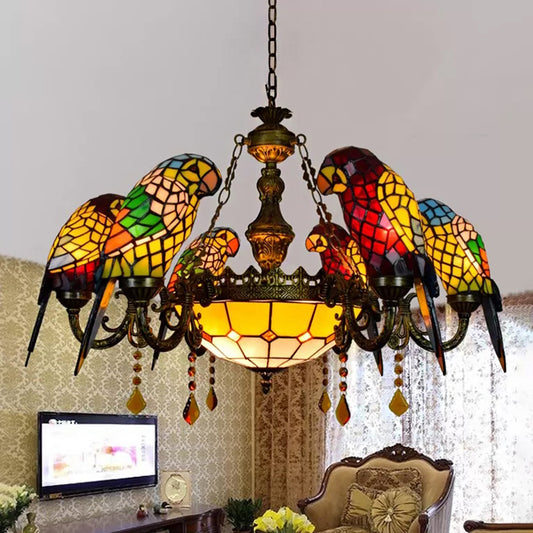 Dining Room Chandeliers Bronze, 9 Lights Tiffany Stained Glass Ceiling Light with Parrots Shade and Amber Crystal Decoration Clearhalo 'Ceiling Lights' 'Chandeliers' 'Industrial' 'Middle Century Chandeliers' 'Tiffany Chandeliers' 'Tiffany close to ceiling' 'Tiffany' Lighting' 170375