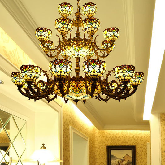 Tiffany Bowl Chandelier 3 Tiers Upward Lighting Bedroom Living Room Hanging Lighting in Bronze Finish Yellow Clearhalo 'Ceiling Lights' 'Chandeliers' 'Industrial' 'Middle Century Chandeliers' 'Tiffany Chandeliers' 'Tiffany close to ceiling' 'Tiffany' Lighting' 170390