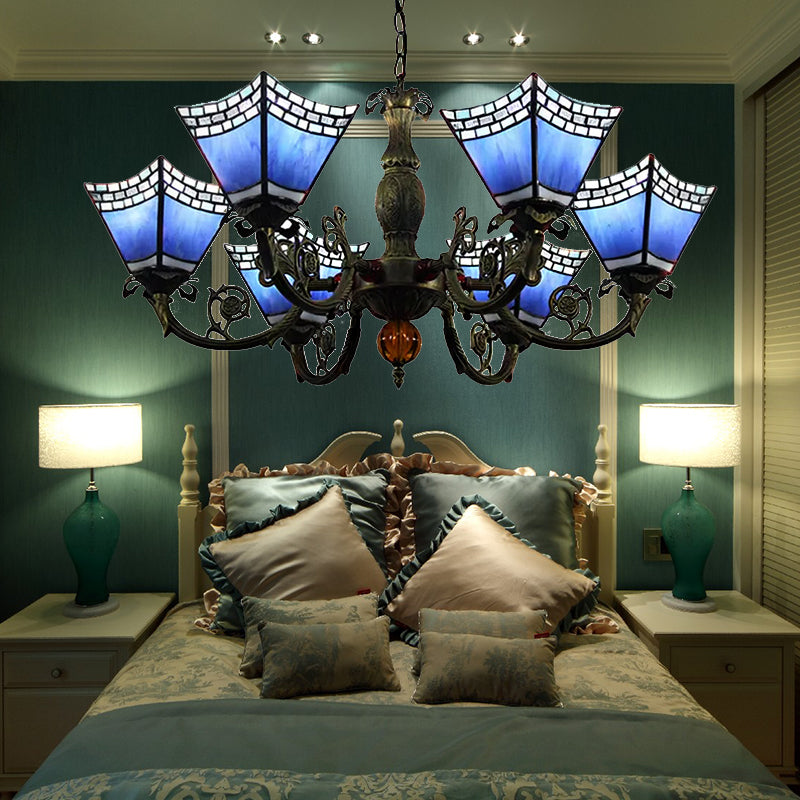 Chandeliers for Dining Rooms with Chain, 6 Lights Geometric Hanging Fixture with Art Glass Shade Tiffany Style Blue Clearhalo 'Ceiling Lights' 'Chandeliers' 'Close To Ceiling Lights' 'Industrial' 'Middle Century Chandeliers' 'Tiffany Chandeliers' 'Tiffany close to ceiling' 'Tiffany' Lighting' 170397