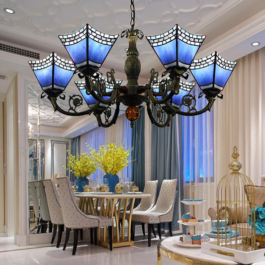 Chandeliers for Dining Rooms with Chain, 6 Lights Geometric Hanging Fixture with Art Glass Shade Tiffany Style Clearhalo 'Ceiling Lights' 'Chandeliers' 'Close To Ceiling Lights' 'Industrial' 'Middle Century Chandeliers' 'Tiffany Chandeliers' 'Tiffany close to ceiling' 'Tiffany' Lighting' 170398