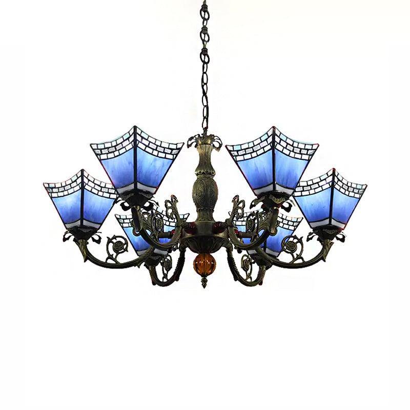 Chandeliers for Dining Rooms with Chain, 6 Lights Geometric Hanging Fixture with Art Glass Shade Tiffany Style Clearhalo 'Ceiling Lights' 'Chandeliers' 'Close To Ceiling Lights' 'Industrial' 'Middle Century Chandeliers' 'Tiffany Chandeliers' 'Tiffany close to ceiling' 'Tiffany' Lighting' 170399