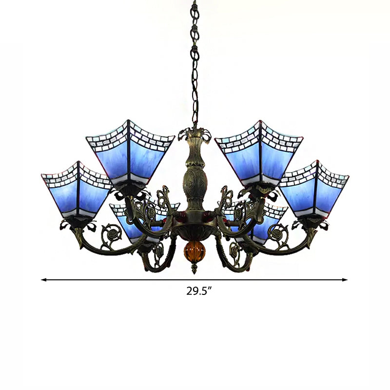 Chandeliers for Dining Rooms with Chain, 6 Lights Geometric Hanging Fixture with Art Glass Shade Tiffany Style Clearhalo 'Ceiling Lights' 'Chandeliers' 'Close To Ceiling Lights' 'Industrial' 'Middle Century Chandeliers' 'Tiffany Chandeliers' 'Tiffany close to ceiling' 'Tiffany' Lighting' 170400