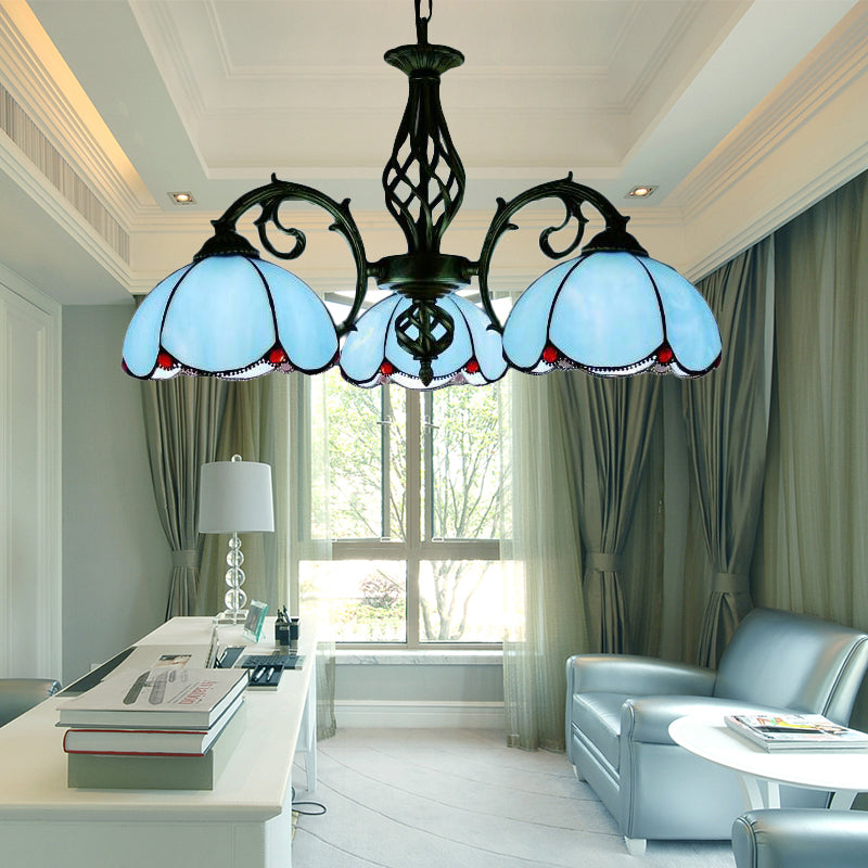 Tiffany Chandelier, 3-Lights Floral Ceiling Pendant Lamp for Dining Table with Adjustable Chain in Blue Blue Clearhalo 'Ceiling Lights' 'Chandeliers' 'Industrial' 'Middle Century Chandeliers' 'Tiffany Chandeliers' 'Tiffany close to ceiling' 'Tiffany' Lighting' 170403