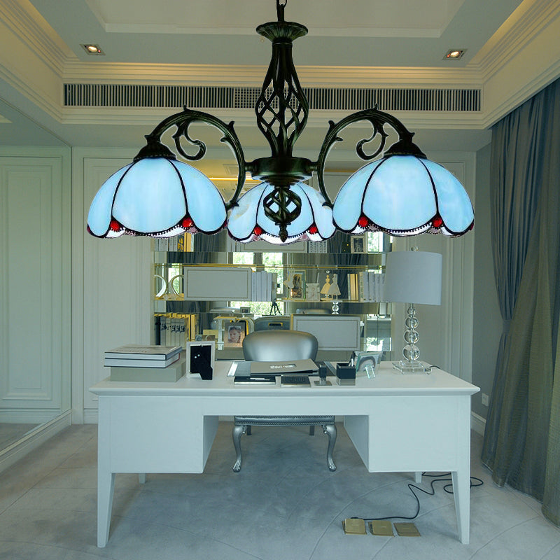Tiffany Chandelier, 3-Lights Floral Ceiling Pendant Lamp for Dining Table with Adjustable Chain in Blue Clearhalo 'Ceiling Lights' 'Chandeliers' 'Industrial' 'Middle Century Chandeliers' 'Tiffany Chandeliers' 'Tiffany close to ceiling' 'Tiffany' Lighting' 170404