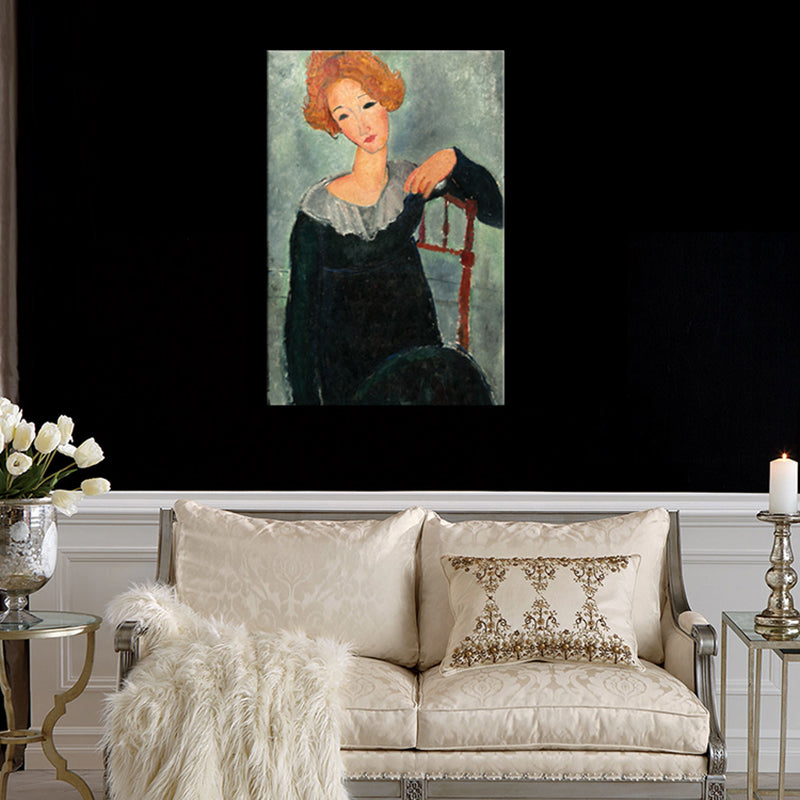 Portrait Wall Art Print Study Room Woman with Red Hair Canvas Blue Textured (Multiple Sizes) - Green - Clearhalo - 'Arts' - 'Canvas Art' - 1704053