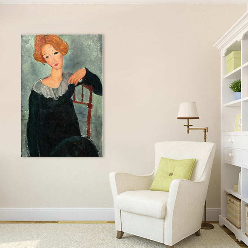 Portrait Wall Art Print Study Room Woman with Red Hair Canvas Blue Textured (Multiple Sizes) - Clearhalo - 'Arts' - 'Canvas Art' - 1704054