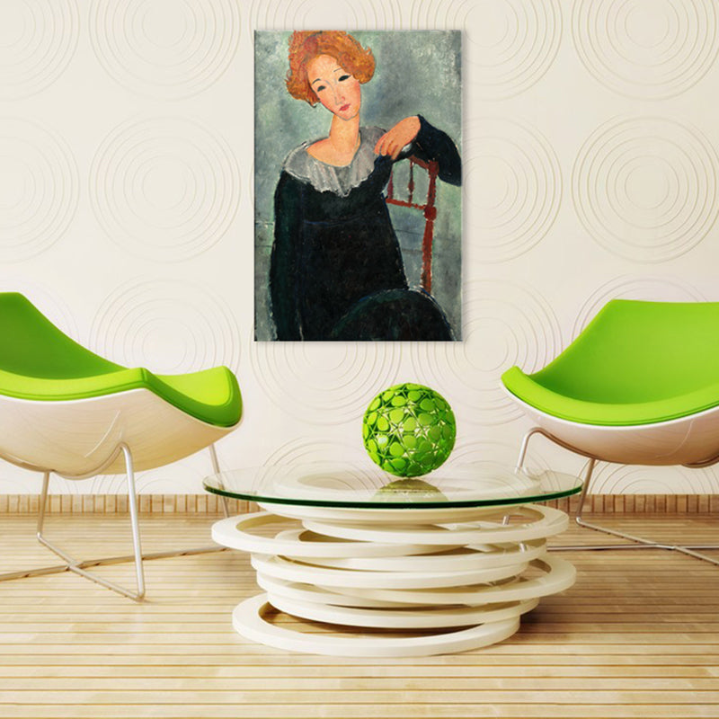 Portrait Wall Art Print Study Room Woman with Red Hair Canvas Blue Textured (Multiple Sizes) - Clearhalo - 'Arts' - 'Canvas Art' - 1704055