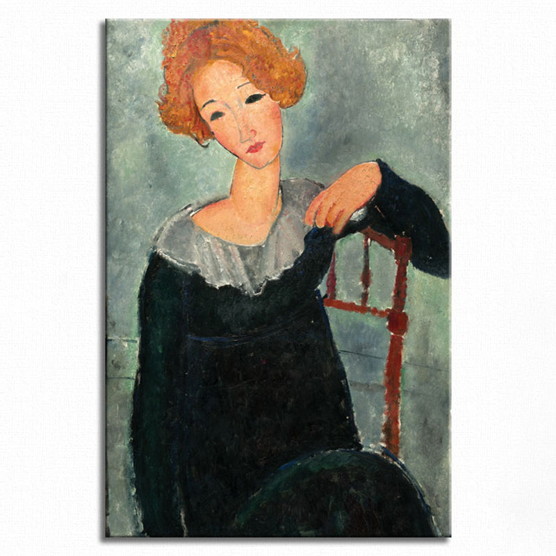 Portrait Wall Art Print Study Room Woman with Red Hair Canvas Blue Textured (Multiple Sizes) Clearhalo 'Arts' 'Canvas Art' 1704056