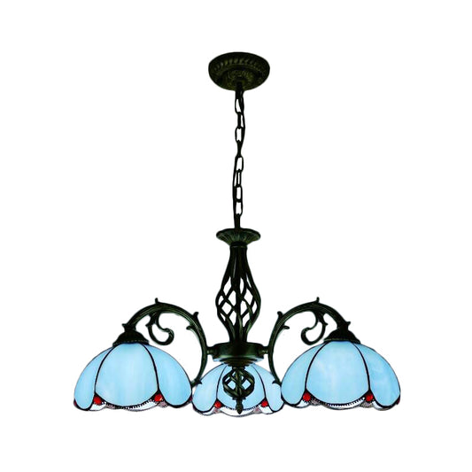 Tiffany Chandelier, 3-Lights Floral Ceiling Pendant Lamp for Dining Table with Adjustable Chain in Blue Clearhalo 'Ceiling Lights' 'Chandeliers' 'Industrial' 'Middle Century Chandeliers' 'Tiffany Chandeliers' 'Tiffany close to ceiling' 'Tiffany' Lighting' 170405