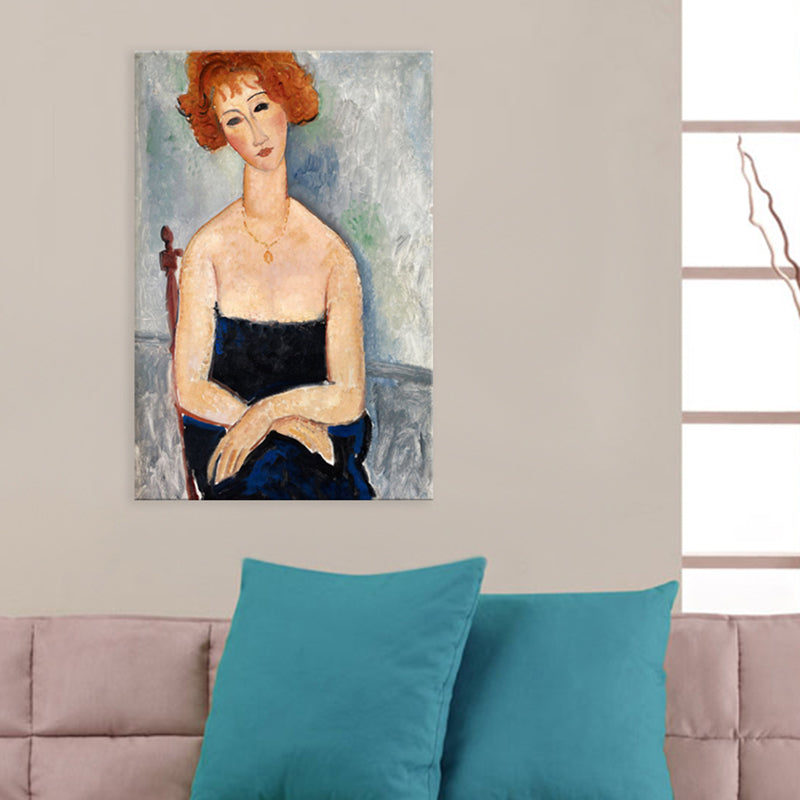 Portrait Wall Art Print Study Room Woman with Red Hair Canvas Blue Textured (Multiple Sizes) Blue Clearhalo 'Arts' 'Canvas Art' 1704060