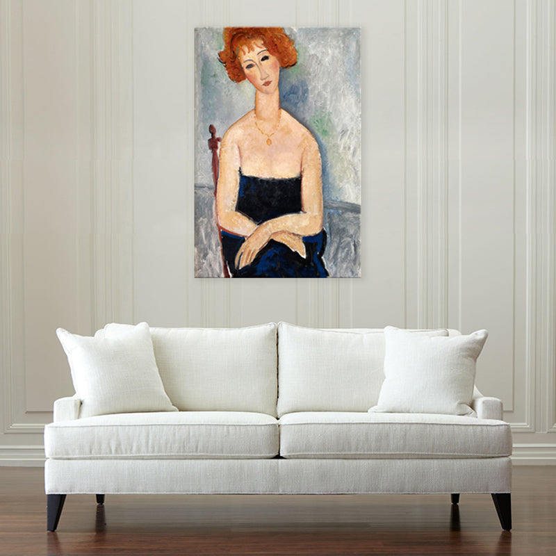 Portrait Wall Art Print Study Room Woman with Red Hair Canvas Blue Textured (Multiple Sizes) - Clearhalo - 'Arts' - 'Canvas Art' - 1704061