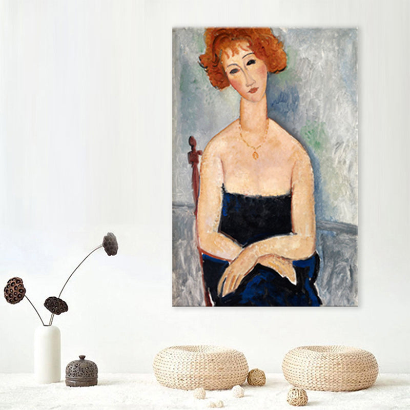 Portrait Wall Art Print Study Room Woman with Red Hair Canvas Blue Textured (Multiple Sizes) - Clearhalo - 'Arts' - 'Canvas Art' - 1704062